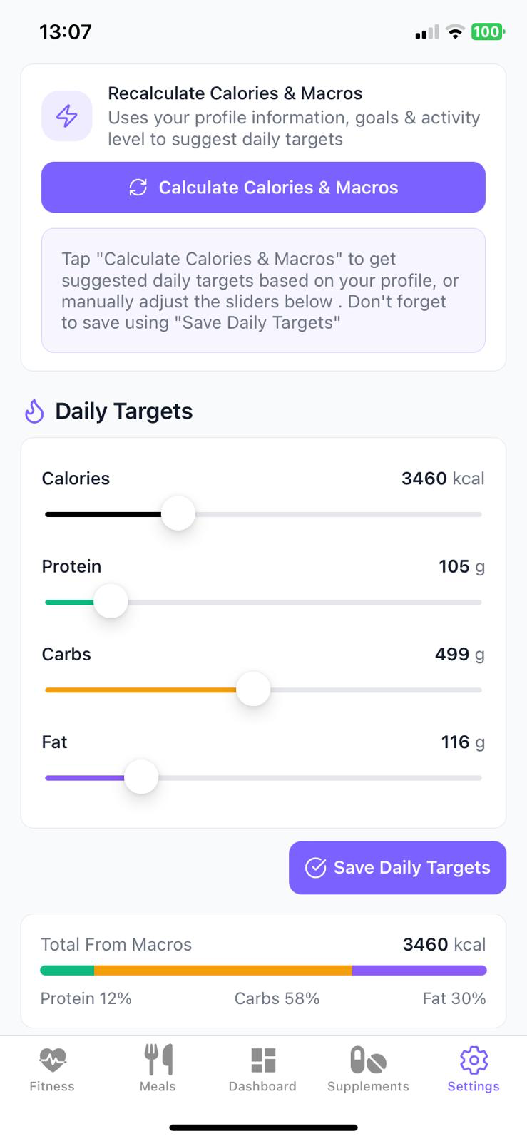Fitrition Settings screen with calorie and macro calculator showing daily targets sliders